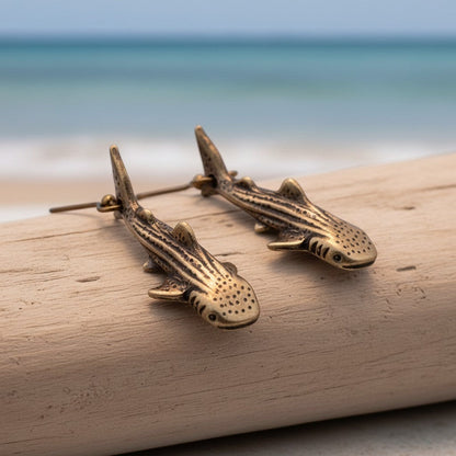 Big Blue by Roland St John bronze whale shark drop earrings, detailed 3D design, boho style, perfect for ocean lovers.