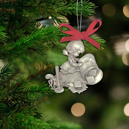 Big Blue by Roland St John pewter Christmas ornament of an angel and octopus with ice cubes, symbolizing ocean conservation.