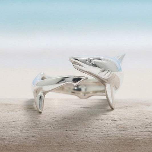 Big Blue by Roland St John sterling silver adjustable shark ring with diamond eye detail, inspired by sea life.
