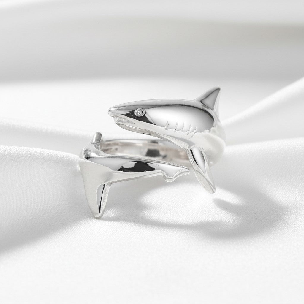 Big Blue by Roland St John sterling silver adjustable shark ring, detailed and realistic design.