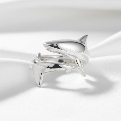 Big Blue by Roland St John sterling silver adjustable shark ring, detailed and realistic design.