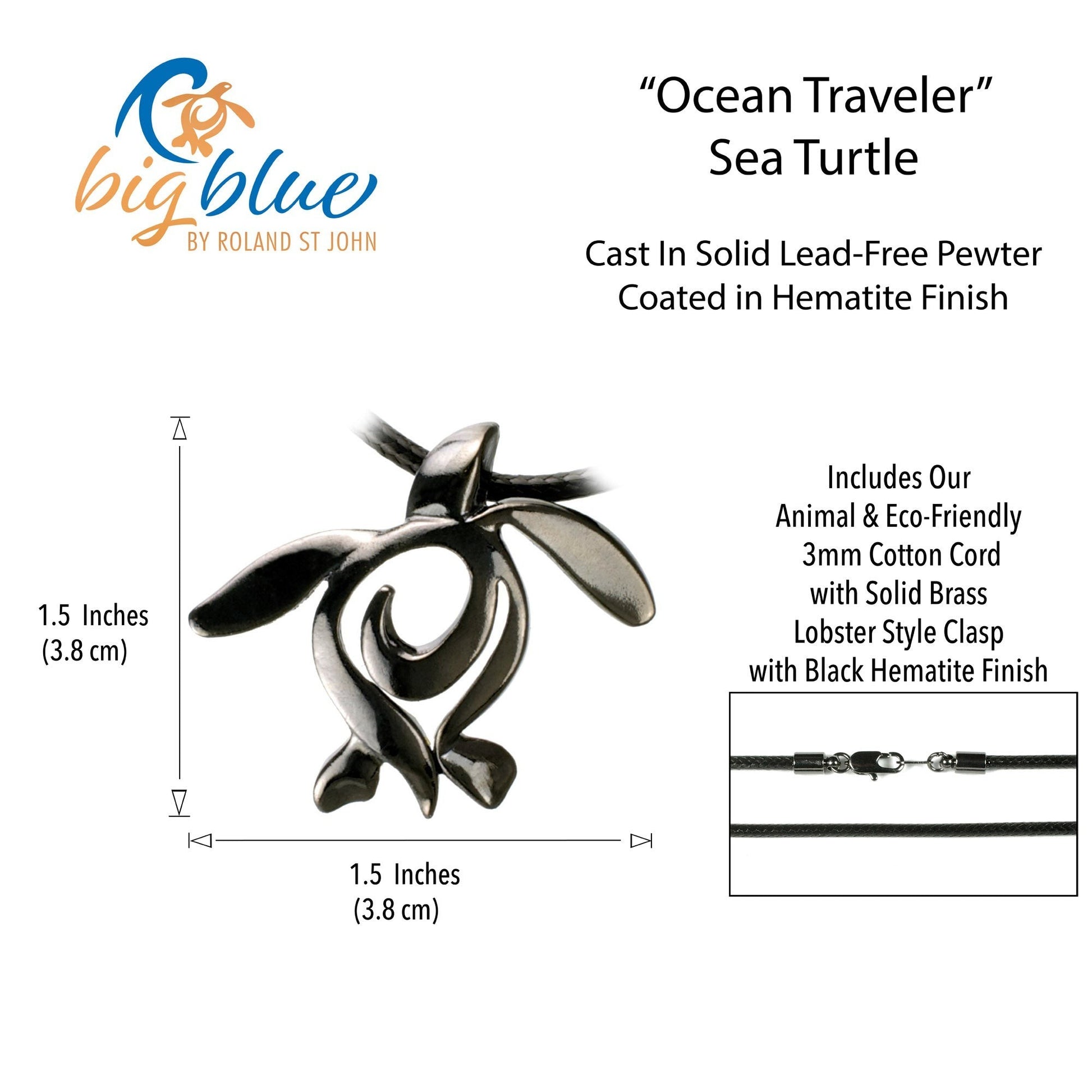 Big Blue by Roland St John jet black pewter sea turtle pendant necklace with hematite finish on black cotton cord.