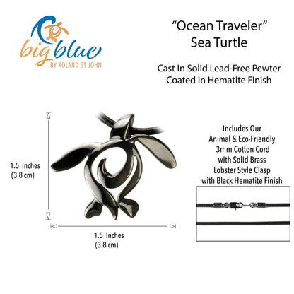 Big Blue by Roland St John jet black pewter sea turtle pendant necklace with hematite finish on black cotton cord.