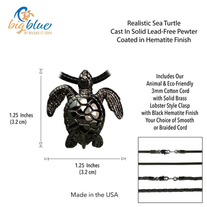 Big Blue by Roland St John realistic sea turtle pendant in black hematite finish, cast in pewter with cotton cord.