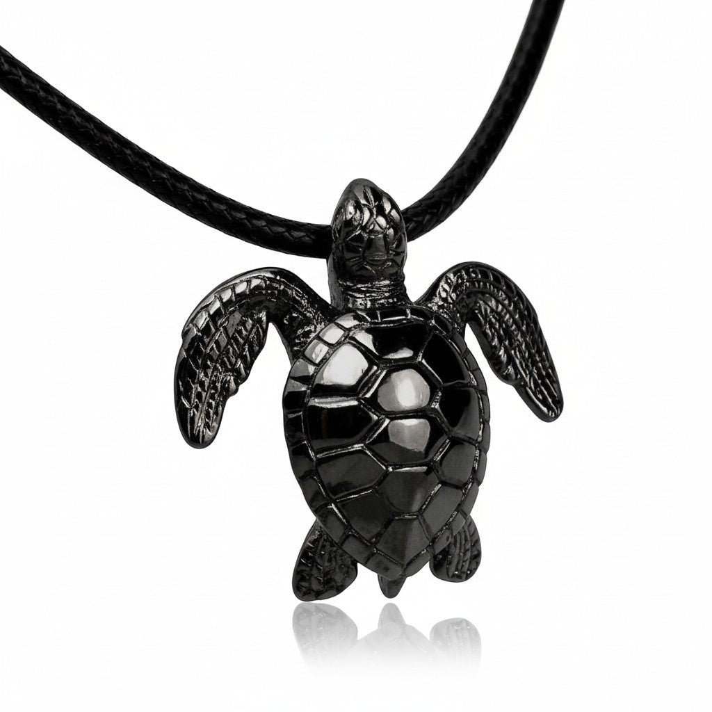 Big Blue by Roland St John realistic sea turtle pendant in jet black hematite finish on black cotton cord.