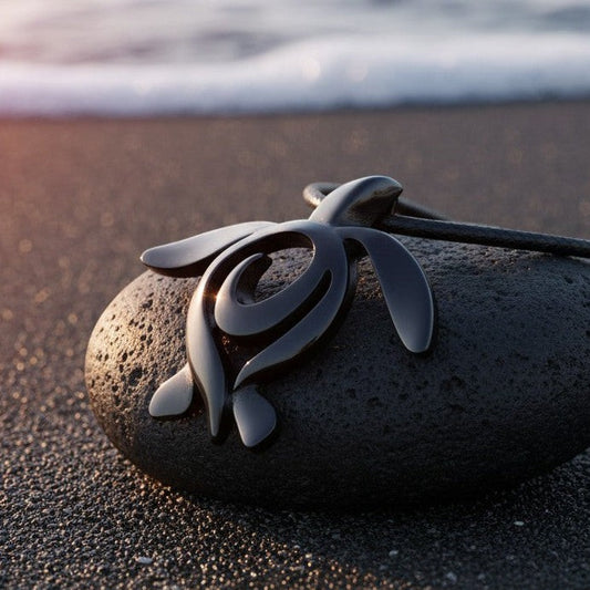 Big Blue by Roland St John jet black pewter turtle pendant on a black stone on a beach.
