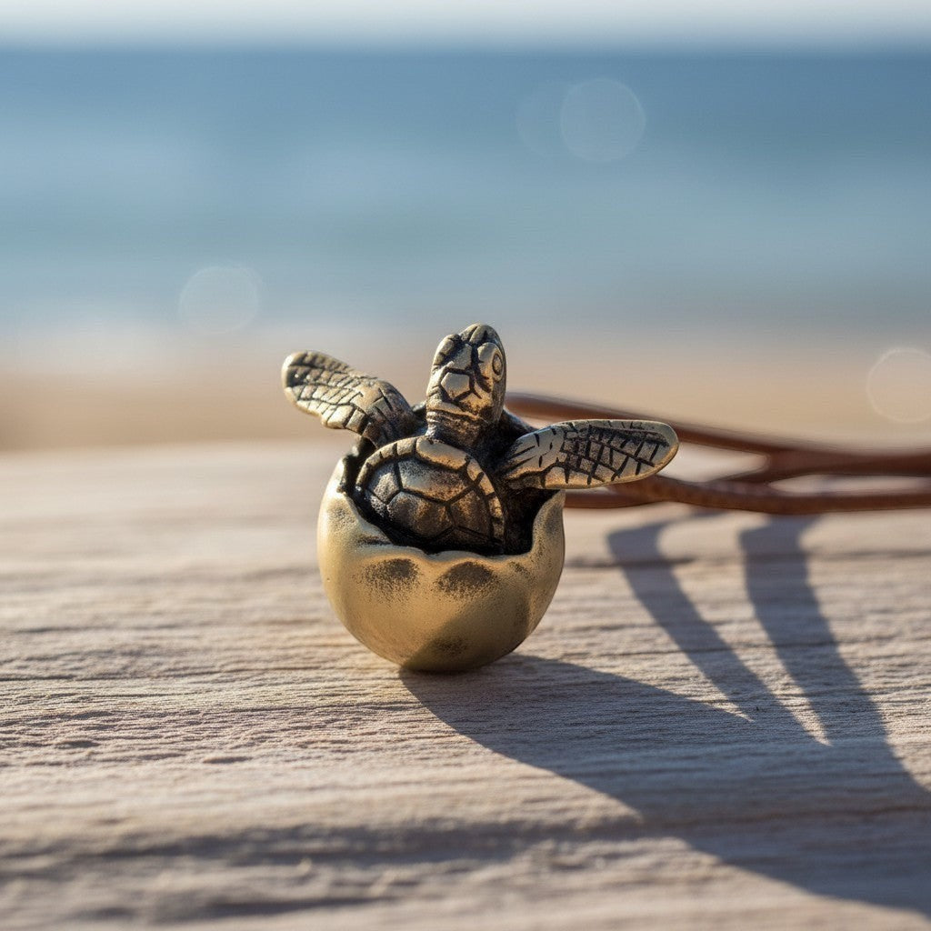 Big Blue by Roland St John bronze baby sea turtle pendant hatching from an egg on a brown cord.