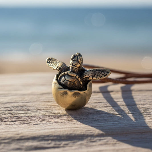 Big Blue by Roland St John bronze baby sea turtle pendant hatching from an egg on a brown cord.