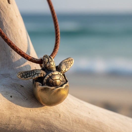Big Blue by Roland St John bronze baby sea turtle pendant on braided brown cord, symbolizing hope and perseverance.