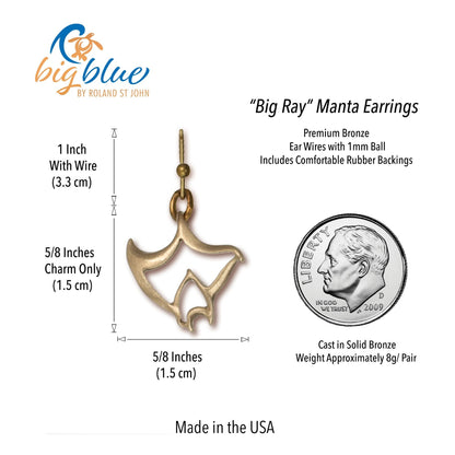 Big Blue by Roland St John "Big Ray" Manta Ray drop earrings in bronze. Charm is 5/8 inch wide.