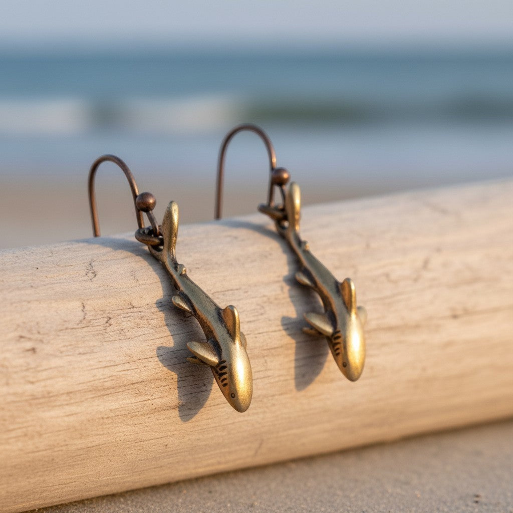 Big Blue by Roland St John bronze shark drop earrings with French hooks, detailed realistic design, perfect for ocean lovers.