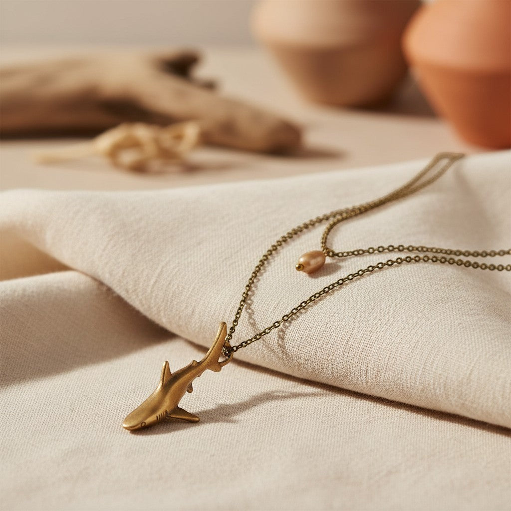 Big Blue by Roland St John bronze shark pendant necklace with layered chains and a peach bead. Coastal bohemian style.