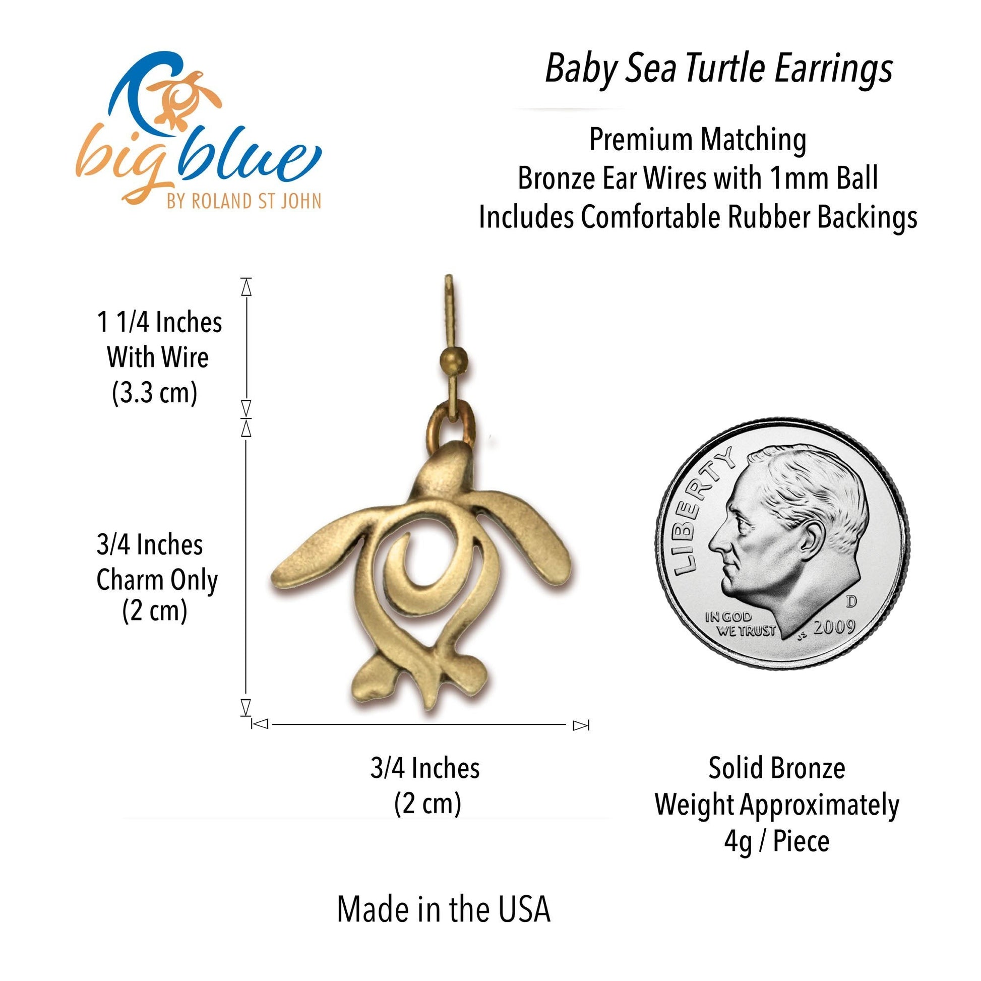 Big Blue by Roland St John bronze drop earrings featuring a stylized sea turtle design. Includes size dimensions and a US dime for scale.