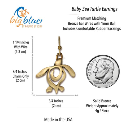 Big Blue by Roland St John bronze drop earrings featuring a stylized sea turtle design. Includes size dimensions and a US dime for scale.