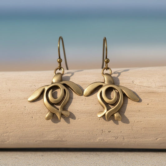 Big Blue by Roland St John bronze turtle drop earrings, Ocean Traveler collection. Lightweight, handcrafted, perfect for ocean lovers.