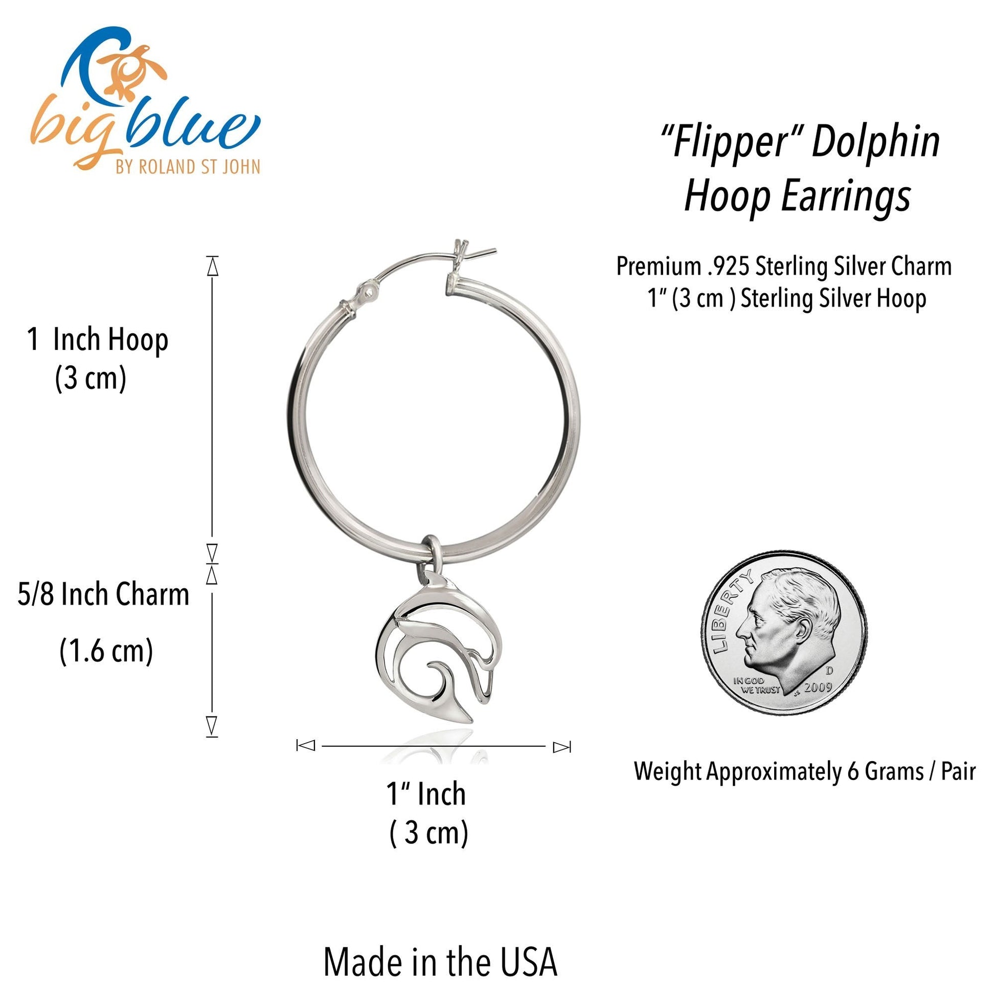 Big Blue by Roland St John sterling silver dolphin hoop earrings, 1 inch hoop with 5/8 inch charm.