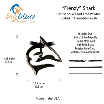 Big Blue by Roland St John Frenzy shark pendant necklace with jet black finish on black cord. Pewter, 1.25" x 1.25".