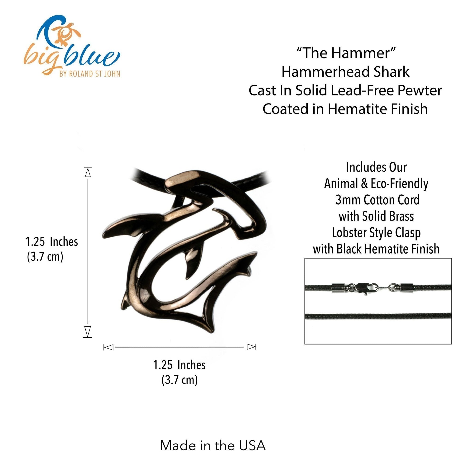 Big Blue by Roland St John "The Hammer" hammerhead shark pendant necklace in jet black finish, made from recycled pewter with a black cotton cord.