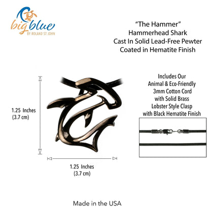 Big Blue by Roland St John "The Hammer" hammerhead shark pendant necklace in jet black finish, made from recycled pewter with a black cotton cord.