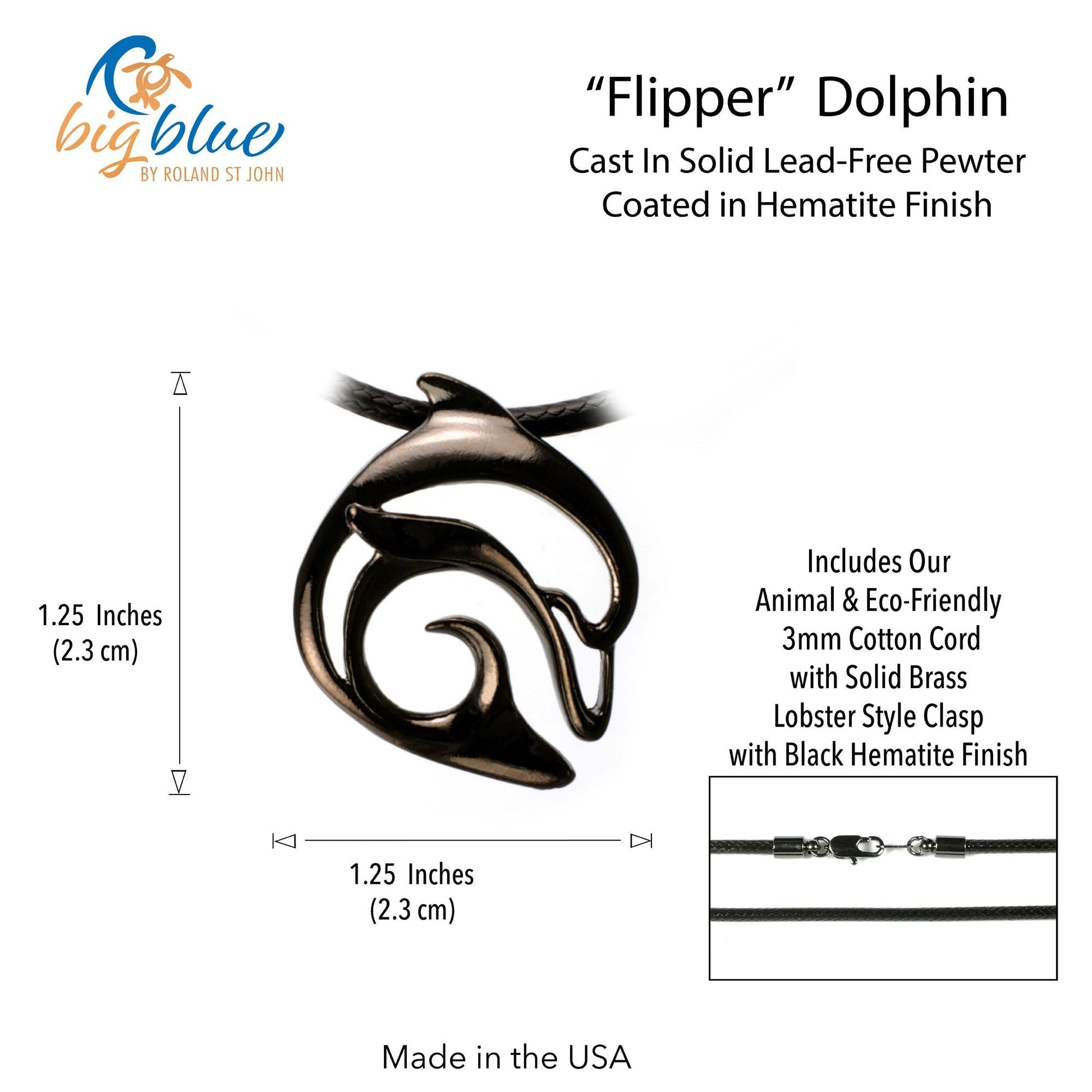 Big Blue by Roland St John Flipper dolphin pendant necklace in jet black finish on a black cotton cord.