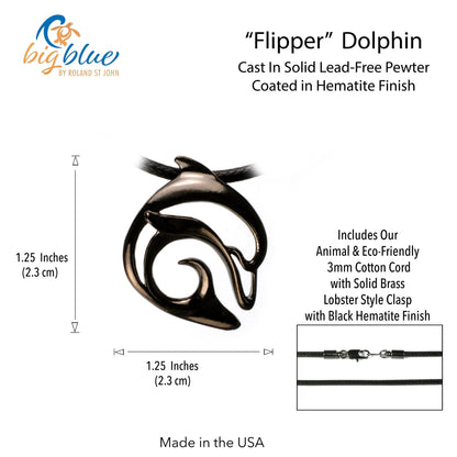 Big Blue by Roland St John Flipper dolphin pendant necklace in jet black finish on a black cotton cord.