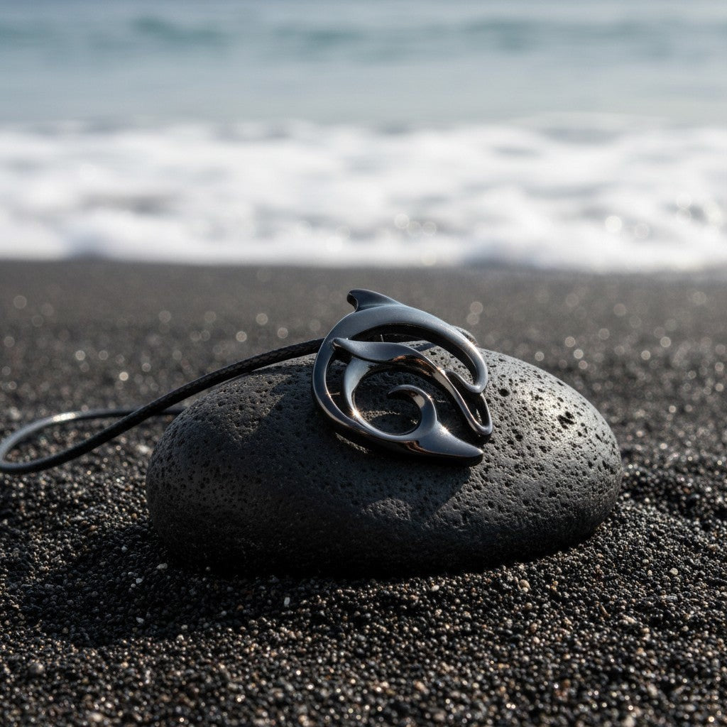 Big Blue by Roland St John jet black dolphin pendant necklace on black cord, resting on a dark stone on a black sand beach.