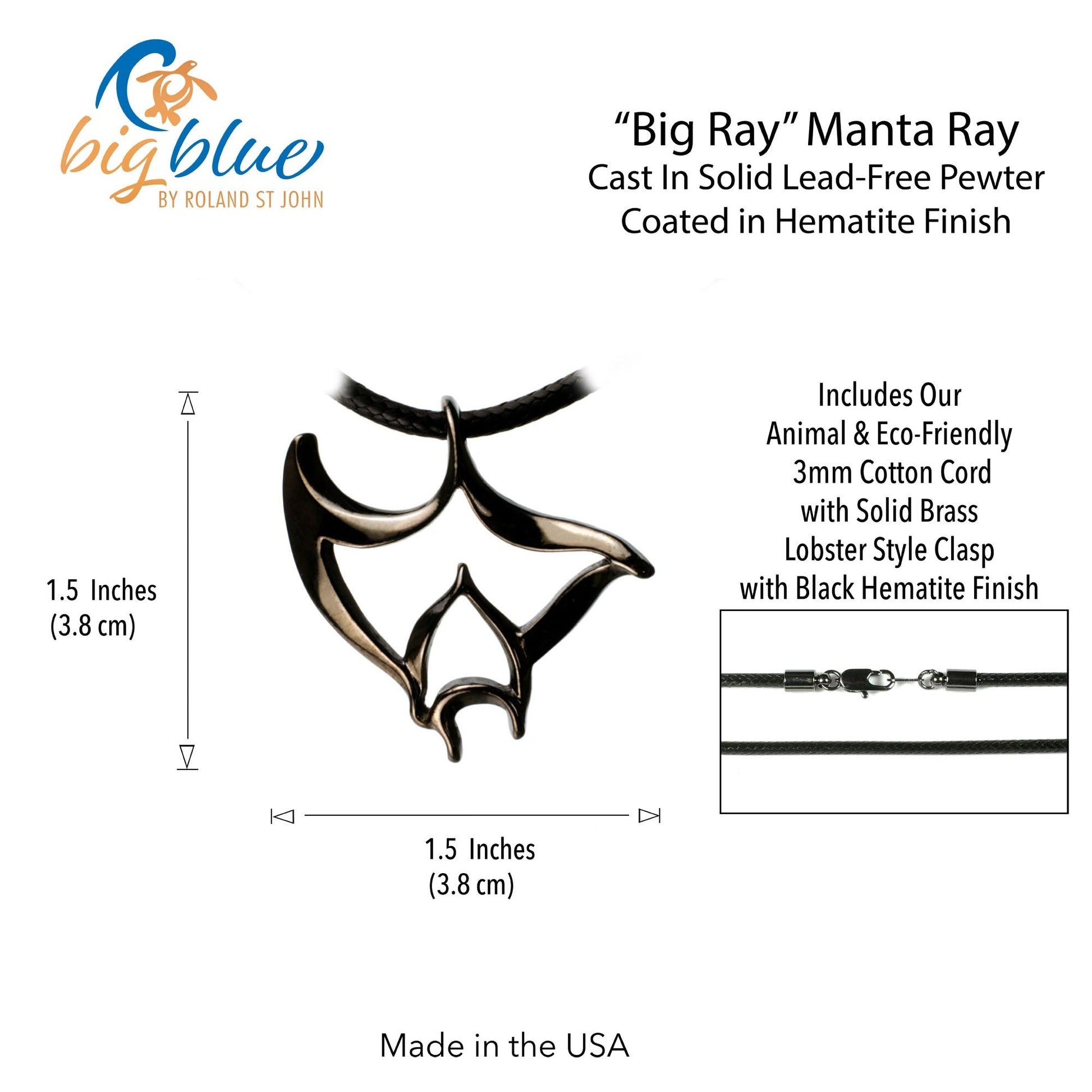 Big Blue by Roland St John "Big Ray" manta ray pendant necklace in jet black finish, cast in pewter with a black cotton cord.