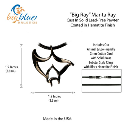 Big Blue by Roland St John "Big Ray" manta ray pendant necklace in jet black finish, cast in pewter with a black cotton cord.