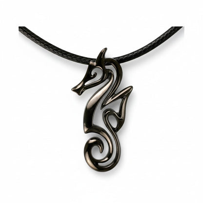 Big Blue by Roland St John "Polo" seahorse pendant necklace in jet black finish, made of solid pewter on a black cord.