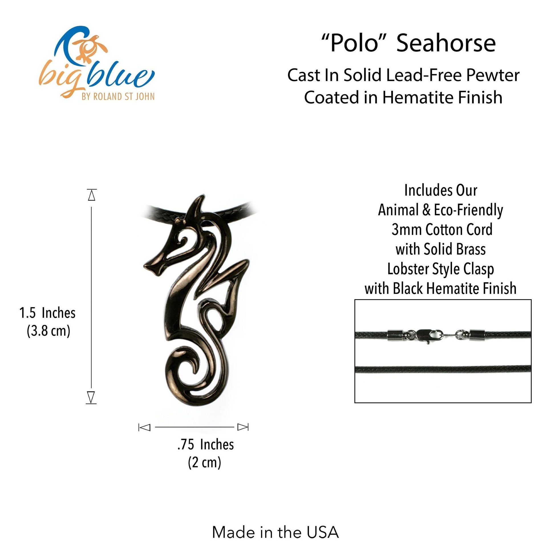 Big Blue by Roland St John "Polo" seahorse pendant necklace in jet black finish, made from solid pewter with a cotton cord.