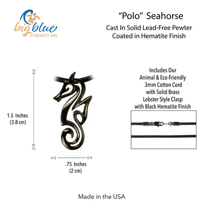 Big Blue by Roland St John "Polo" seahorse pendant necklace in jet black finish, made from solid pewter with a cotton cord.