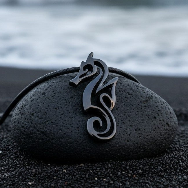 Big Blue by Roland St John "Polo" seahorse pendant necklace in jet black finish, made of solid pewter.