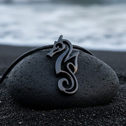 Big Blue by Roland St John "Polo" seahorse pendant necklace in jet black finish, made of solid pewter.