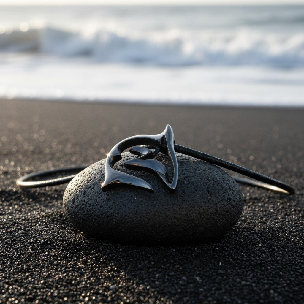Big Blue by Roland St John "Frenzy" shark necklace in jet black finish on black cord, resting on a dark stone on a black sand beach.