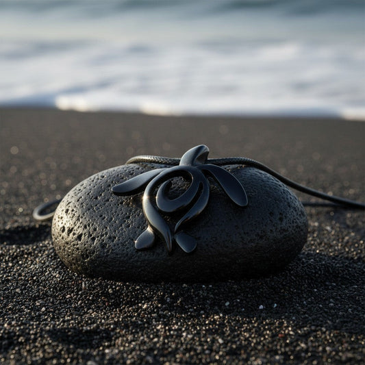 Big Blue by Roland St John jet black pewter turtle pendant on a black stone on black sand with ocean waves in background.