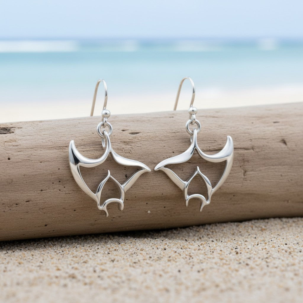 Big Blue by Roland St John "Big Ray" sterling silver manta ray drop earrings with French hooks, inspired by ocean life.
