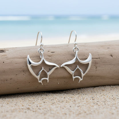 Big Blue by Roland St John "Big Ray" sterling silver manta ray drop earrings with French hooks, inspired by ocean life.