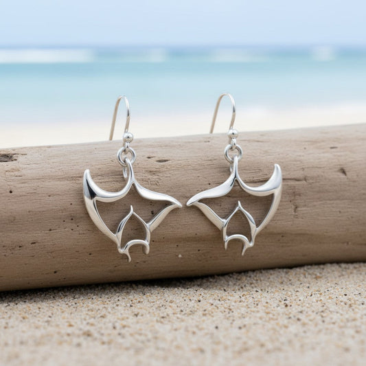 Big Blue by Roland St John "Big Ray" sterling silver manta ray drop earrings with French hooks, inspired by ocean life.
