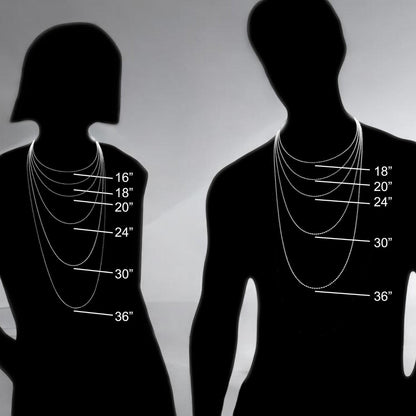 Big Blue by Roland St John necklace length guide showing silhouettes of a woman and man with chains of various lengths labeled 16" to 36".