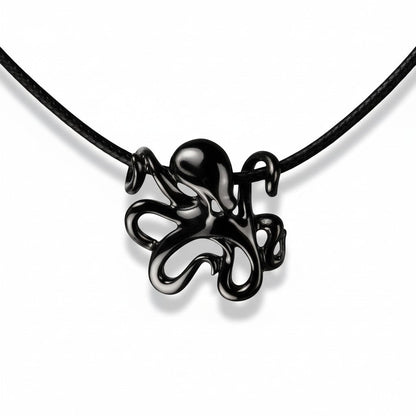 Big Blue by Roland St John Leggs octopus pendant necklace in jet black finish on a black cord.