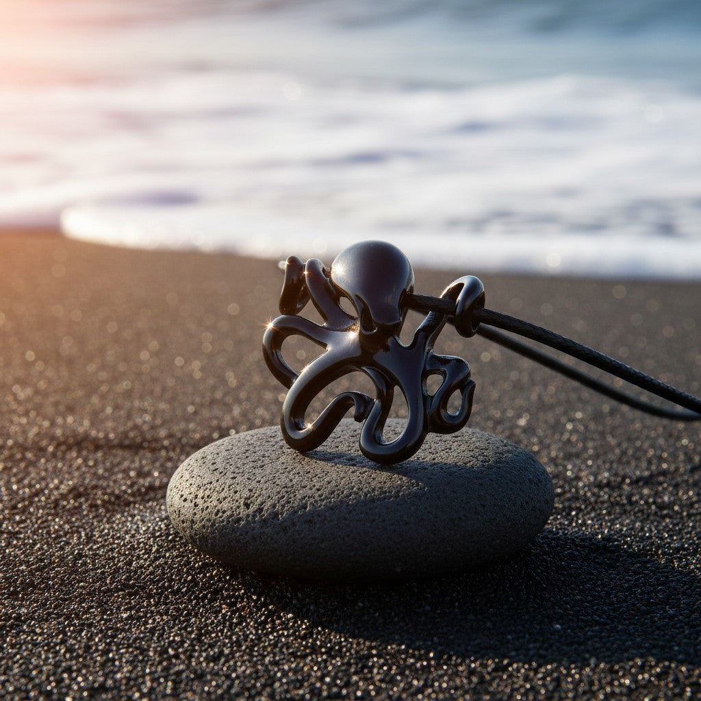 Big Blue by Roland St John Leggs octopus pendant necklace in jet black finish on a black cord, resting on a dark stone on a black sand beach.
