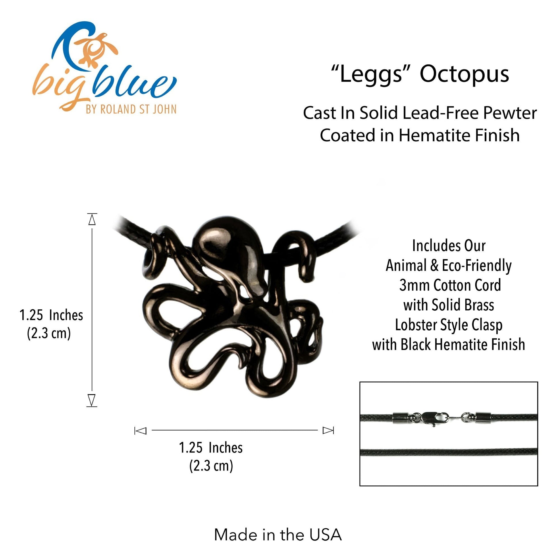 Big Blue by Roland St John "Leggs" octopus pendant necklace in jet black finish, made from pewter with a black cotton cord.
