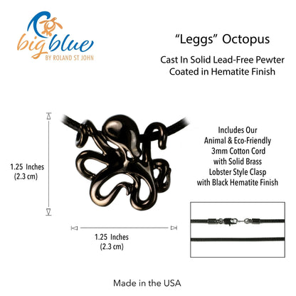 Big Blue by Roland St John "Leggs" octopus pendant necklace in jet black finish, made from pewter with a black cotton cord.