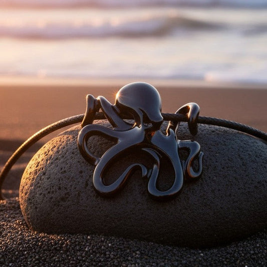 Big Blue by Roland St John Leggs octopus pendant necklace in jet black finish, cast in pewter with a black cotton cord.