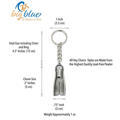 Big Blue by Roland St John pewter dive fin keychain, 2-inch charm, 4.5-inch total length, perfect for scuba divers and ocean lovers.