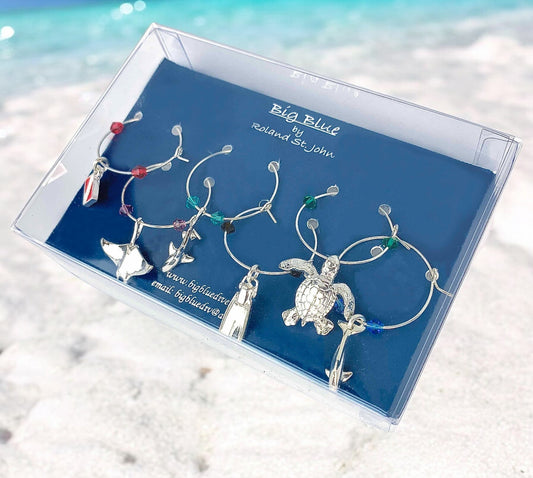 Big Blue by Roland St John set of 6 pewter wine glass charms with sea life and dive themes, accented with colourful beads.