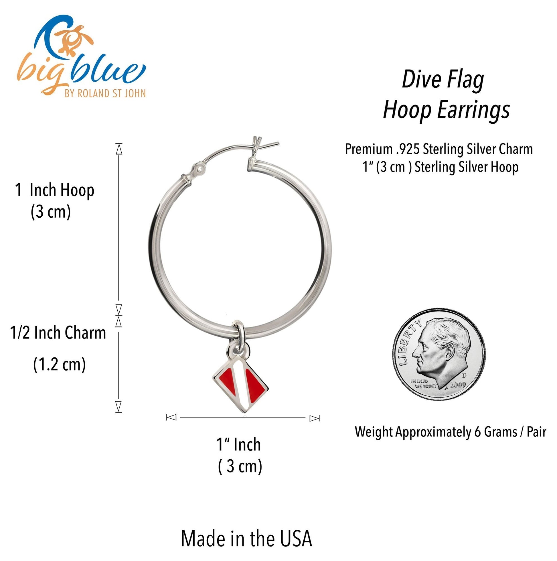 Big Blue by Roland St John sterling silver hoop earrings with a red and white dive flag charm. Approx. 1.5" long.