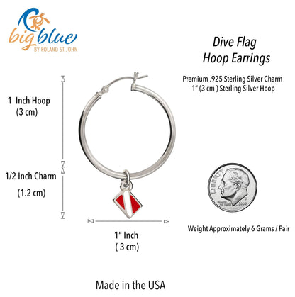 Big Blue by Roland St John sterling silver hoop earrings with a red and white dive flag charm. Approx. 1.5" long.
