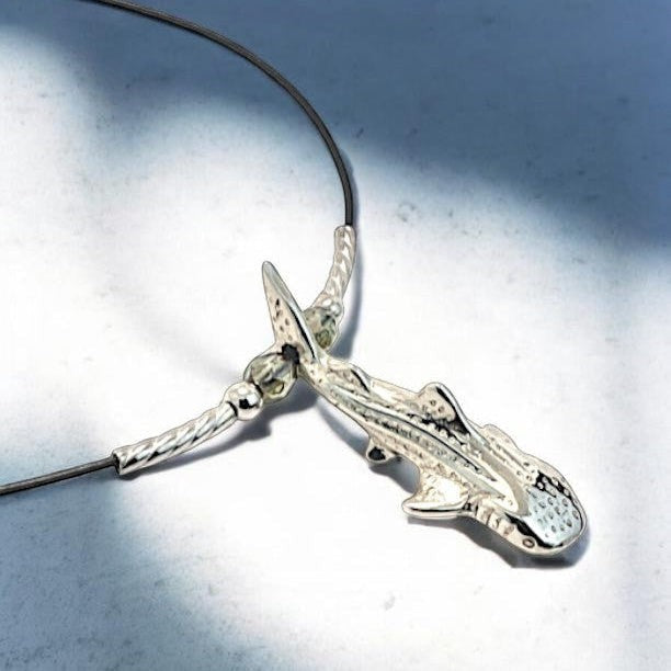 Big Blue by Roland St John sterling silver whale shark pendant choker necklace with cable wire and lobster clasp.