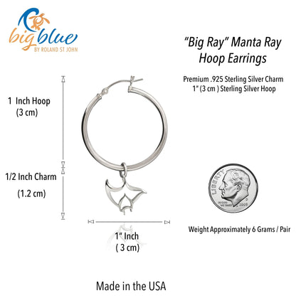 Big Blue by Roland St John sterling silver hoop earrings featuring a detailed manta ray charm. 1-inch hoop with a 0.5-inch charm.